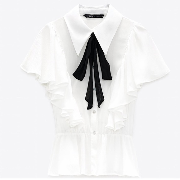 Zara Tops Zara White Ruffled Blouse With Contrast Black Ribbon Neck